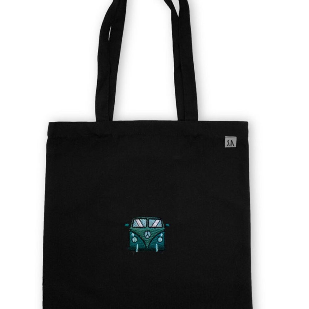 Embroidered Hippie Van Tote Bag - Black